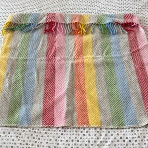 Tweedmill striped fringe baby blanket, 100% wool, colorful, 27.5x28.5”